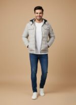 Men's Puffer Jacket - White Hooded Winter Coat with Zip Pockets