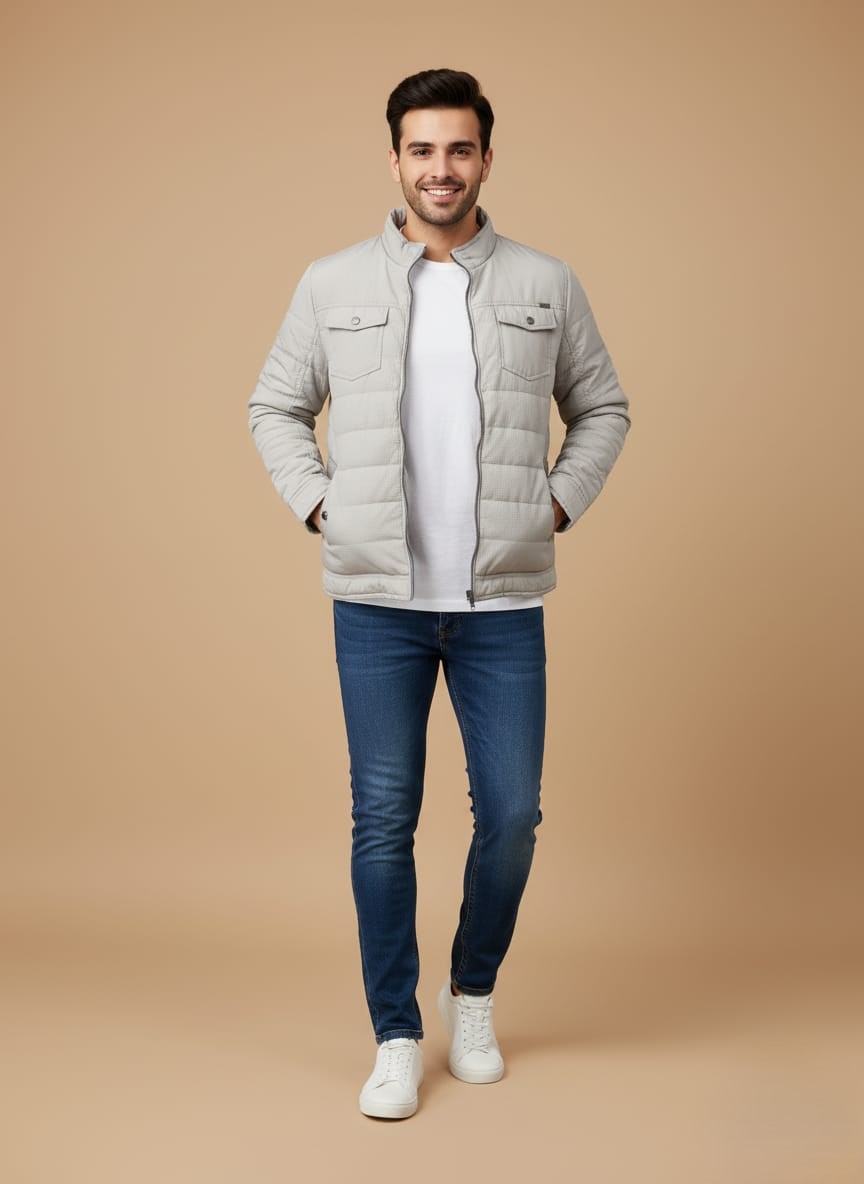 WhatsApp Image 2025-10-22 at 5.47.32 PM Men's Utility Jacket - Light Grey Quilted Field Jacket with Pockets - Image 1