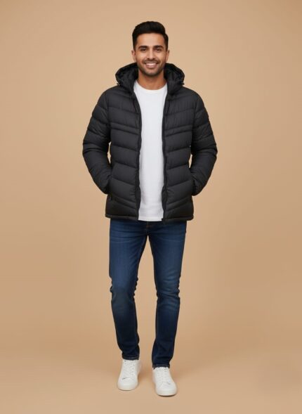 Men's Black Puffer Jacket - Hooded Winter Coat