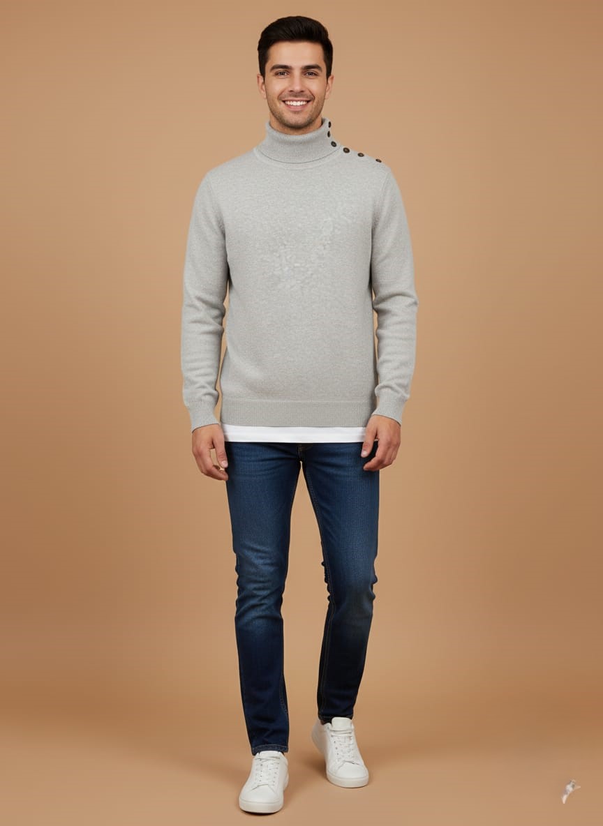 WhatsApp Image 2025-10-22 at 5.47.35 PM (2) Men's Turtleneck Sweater - Grey Knit Pullover - Image 1