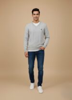 Men's Cable Knit Sweater - Grey V-Neck Pullover with Embroidered Logo
