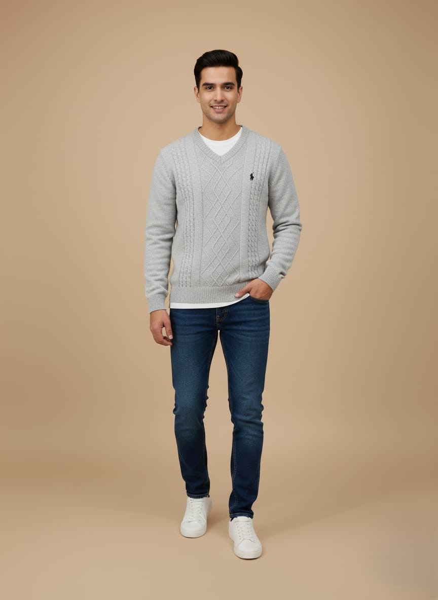 WhatsApp Image 2025-10-22 at 5.47.36 PM (1) Men's Cable Knit Sweater - Grey V-Neck Pullover with Embroidered Logo - Image 1