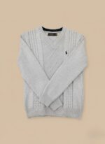 Men's Cable Knit Sweater - Grey V-Neck Pullover with Embroidered Logo - Image 2