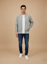 Men's Lightweight Bomber Jacket - Light Grey Full-Zip Casual Coat