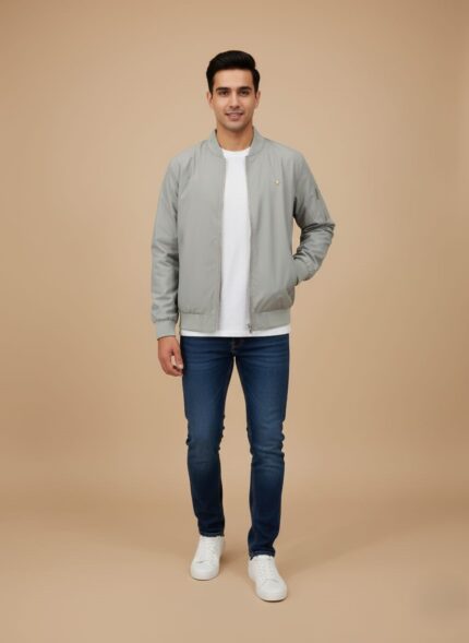 Men's Lightweight Bomber Jacket - Light Grey Full-Zip Casual Coat