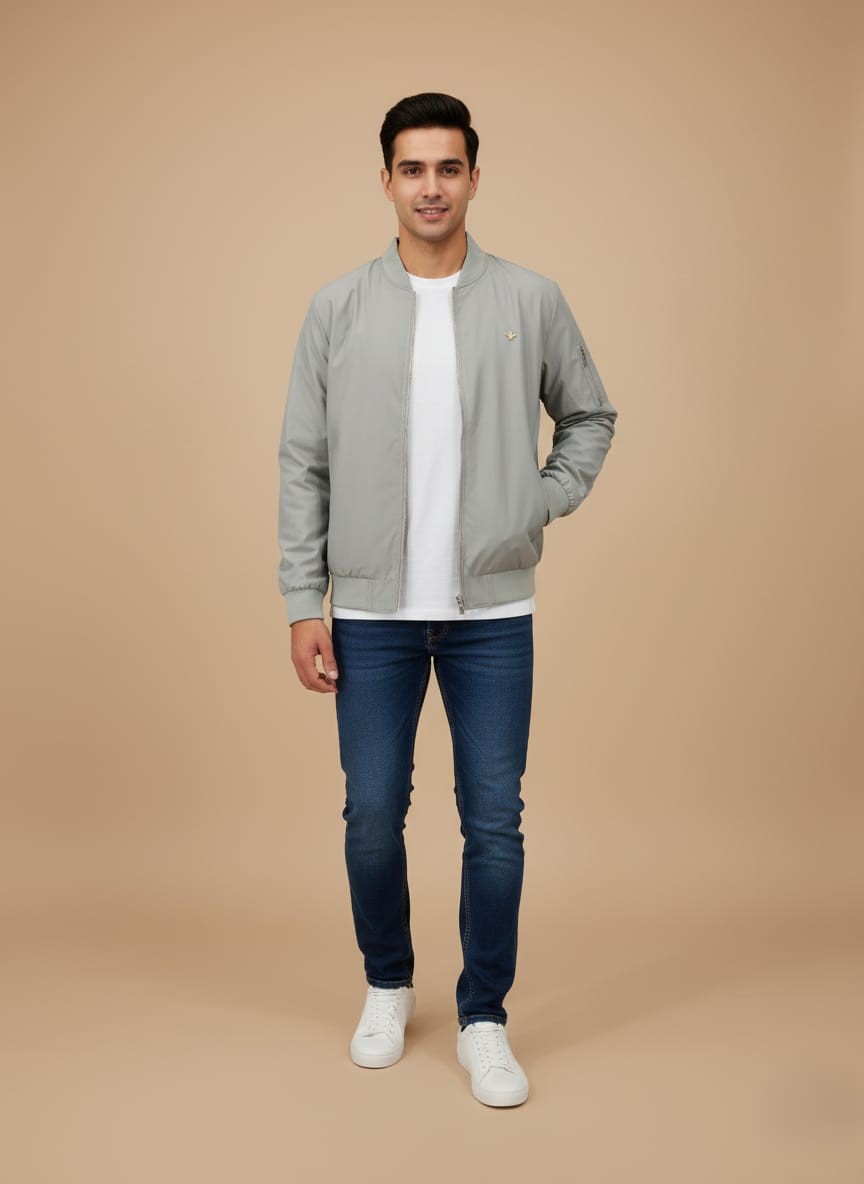 WhatsApp Image 2025-10-22 at 5.47.38 PM Men's Lightweight Bomber Jacket - Light Grey Full-Zip Casual Coat - Image 1