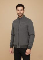 Men's Casual Jacket - Grey Full-Zip Stand Collar Knit Blouson
