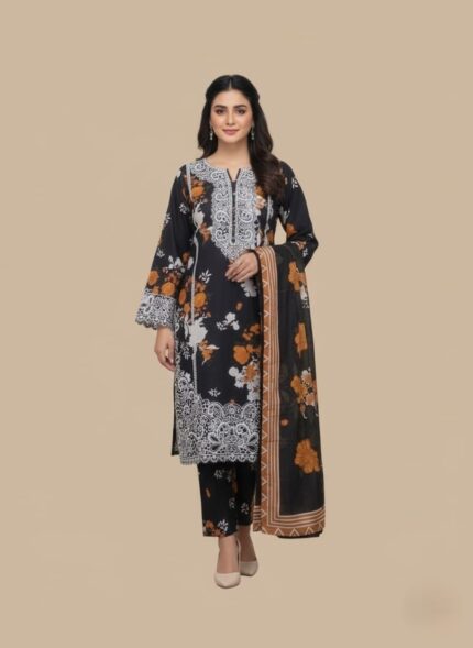 Full-length image of a woman wearing a black Women's Floral Suit with orange and white floral prints and white embroidery on the tunic, matching patterned trousers, and a black dupatta with an orange border.