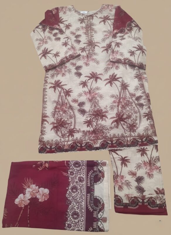 Full-length image of a woman wearing a white and maroon Women's Printed Suit with palm tree and floral prints on the long-sleeve tunic and trousers, and a maroon printed dupatta.