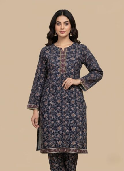 Full-length image of a woman wearing a navy blue Women's Floral Suit with an all-over floral and geometric printed long-sleeve tunic featuring an embellished neckline, and matching patterned trousers.