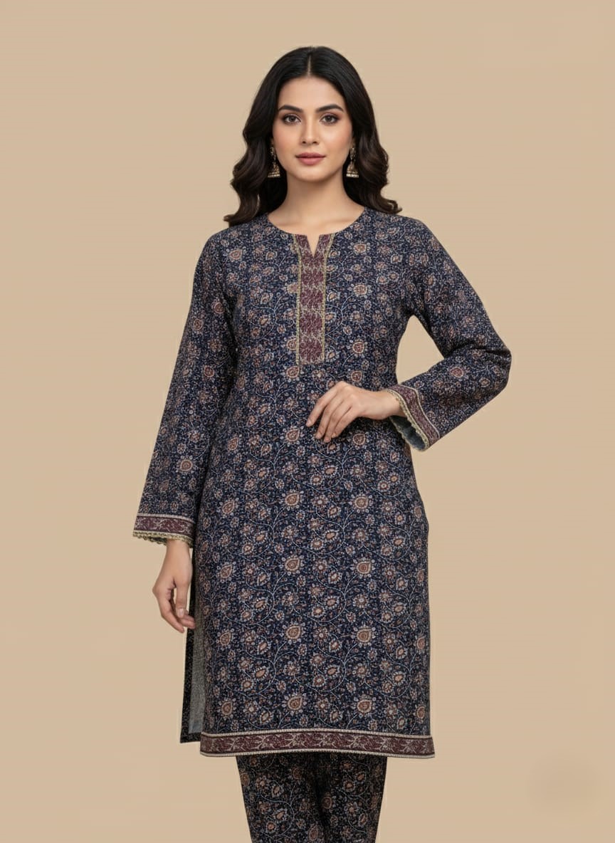 Women's Floral Suit | Navy Printed Tunic & Trousers Full-length image of a woman wearing a navy blue Women's Floral Suit with an all-over floral and geometric printed long-sleeve tunic featuring an embellished neckline, and matching patterned trousers.