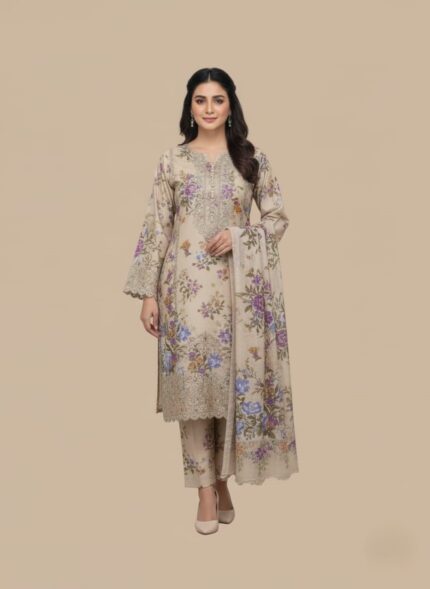 Full-length image of a woman wearing a light beige Women's Floral Suit with an all-over floral printed long-sleeve tunic featuring an embellished neckline and cuffs, matching patterned trousers, and a printed dupatta