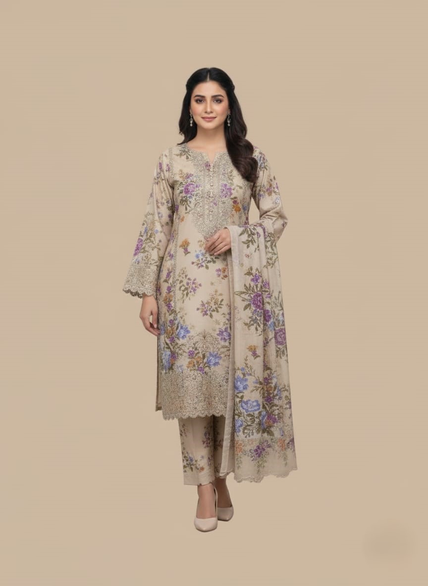 Women's Floral Suit | Beige Printed Tunic Set Full-length image of a woman wearing a light beige Women's Floral Suit with an all-over floral printed long-sleeve tunic featuring an embellished neckline and cuffs, matching patterned trousers, and a printed dupatta