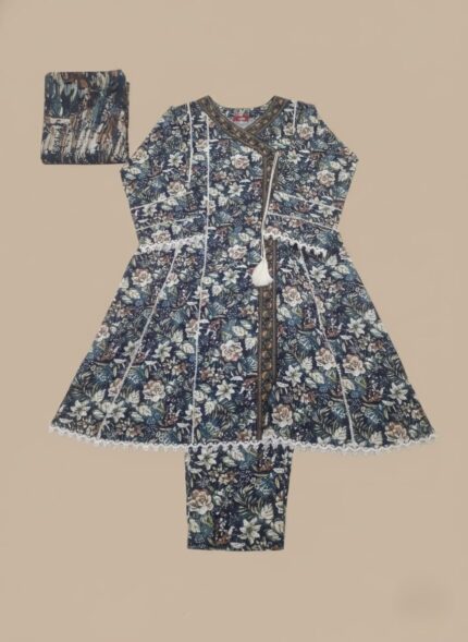 Full-length image of a woman wearing a navy blue Women's Floral Suit with an all-over floral printed long-sleeve tunic featuring lace trim and a tassel, matching patterned trousers, and a printed dupatta.