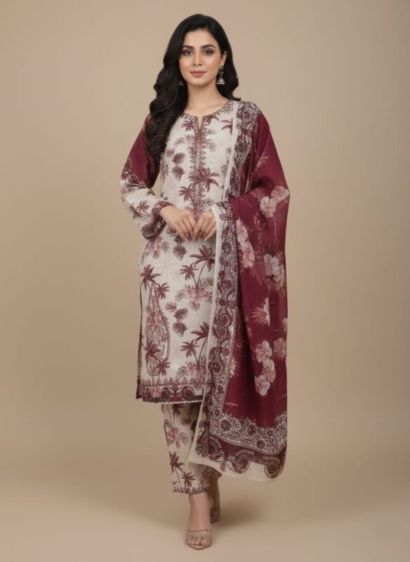 Full-length image of a woman wearing a white and maroon Women's Printed Suit with palm tree and floral prints on the long-sleeve tunic and trousers, and a maroon printed dupatta.