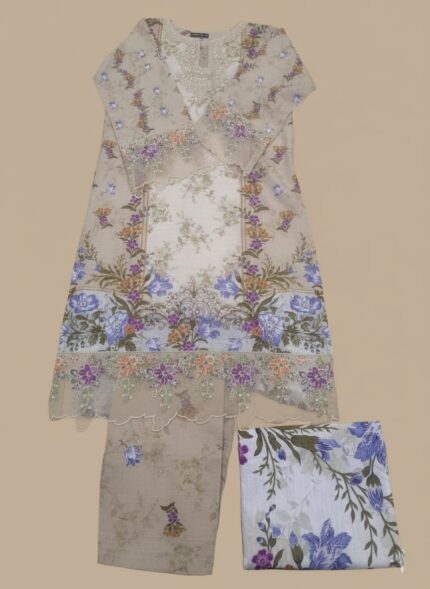 Full-length image of a woman wearing a light beige Women's Floral Suit with an all-over floral printed long-sleeve tunic featuring an embellished neckline and cuffs, matching patterned trousers, and a printed dupatta.