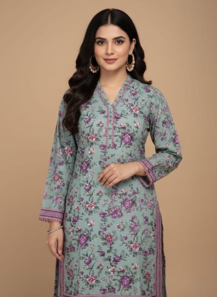 Half-length image of a woman wearing a light green Women's Floral Tunic with an all-over purple floral print, an embroidered V-neckline, and long sleeves with patterned cuffs.