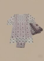 Full-length image of a woman wearing a light beige and maroon Women's Printed Suit with intricate traditional patterns on the long-sleeve tunic and trousers, and a matching printed dupatta.