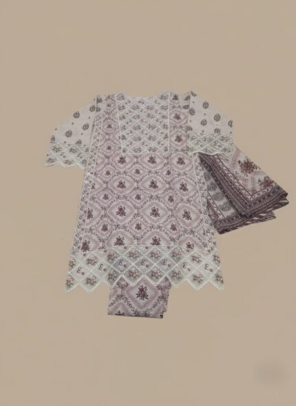 Full-length image of a woman wearing a light beige and maroon Women's Printed Suit with intricate traditional patterns on the long-sleeve tunic and trousers, and a matching printed dupatta.