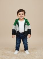 Kids Color Block Hoodie - Green, Grey & Black Full-Zip Sweatshirt