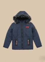 Kids Winter Jacket - Navy Padded Coat with Faux Fur Hood & Patches - Image 2