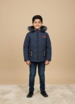 Kids Winter Jacket - Navy Padded Coat with Faux Fur Hood & Patches