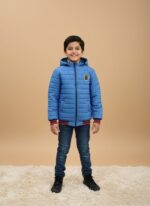 Kids Puffer Jacket - Blue Hooded Winter Coat with Striped Trim