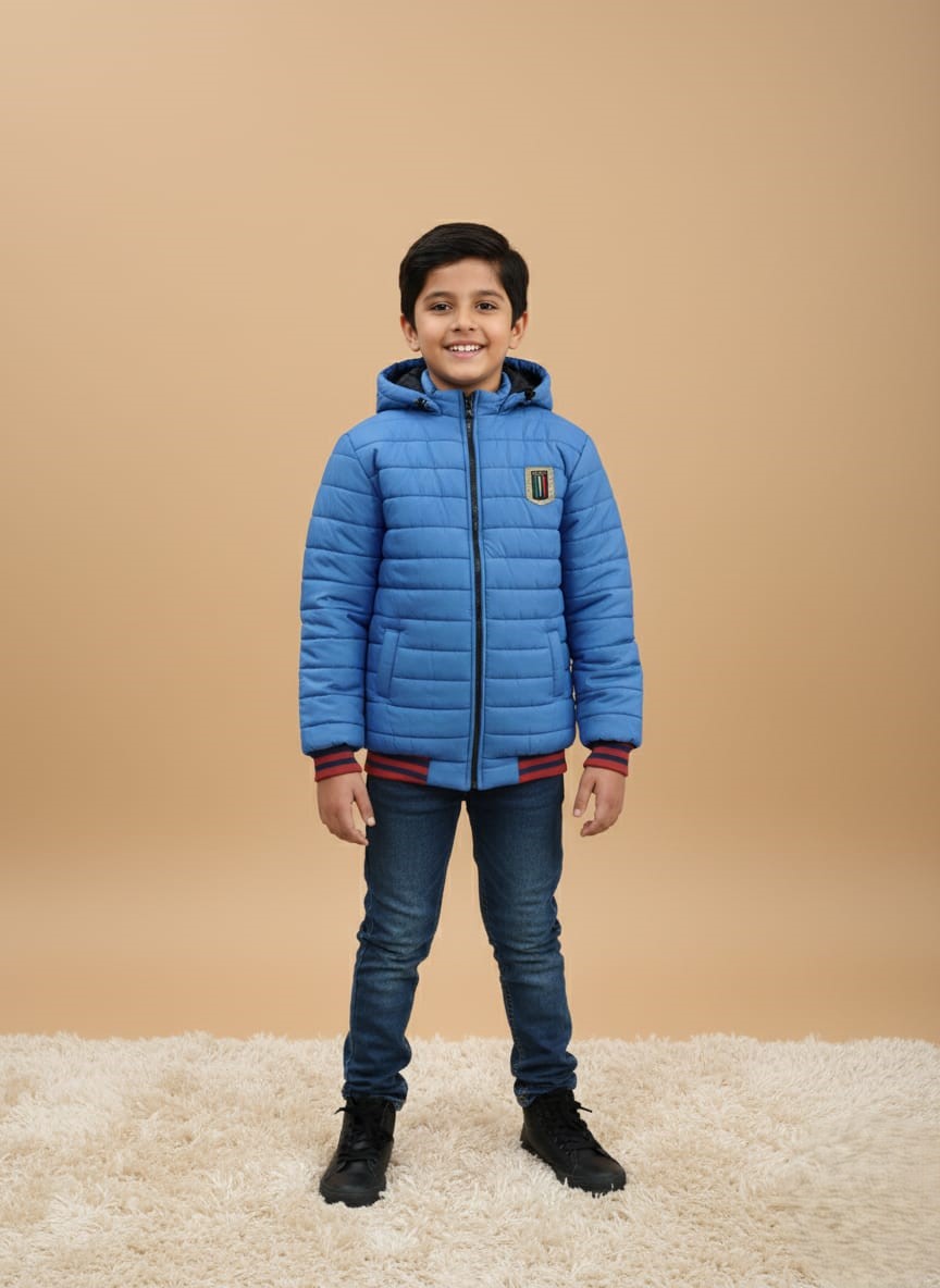 WhatsApp Image 2025-10-29 at 7.07.13 PM (2) Kids Puffer Jacket - Blue Hooded Winter Coat with Striped Trim - Image 1