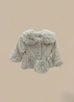 Kids Faux Fur Coat - Girls' Beige Elegant Fluffy Jacket with Purse - Image 2