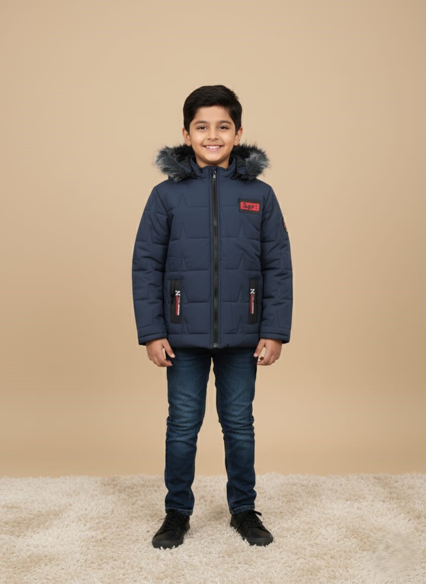 WhatsApp Image 2025-10-29 at 7.07.13 PM Kids Winter Jacket - Navy Padded Coat with Faux Fur Hood & Patches - Image 1
