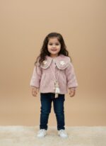 Kids Pink Coat - Girls' Plush Jacket with Floral Collar & Bunny Charm