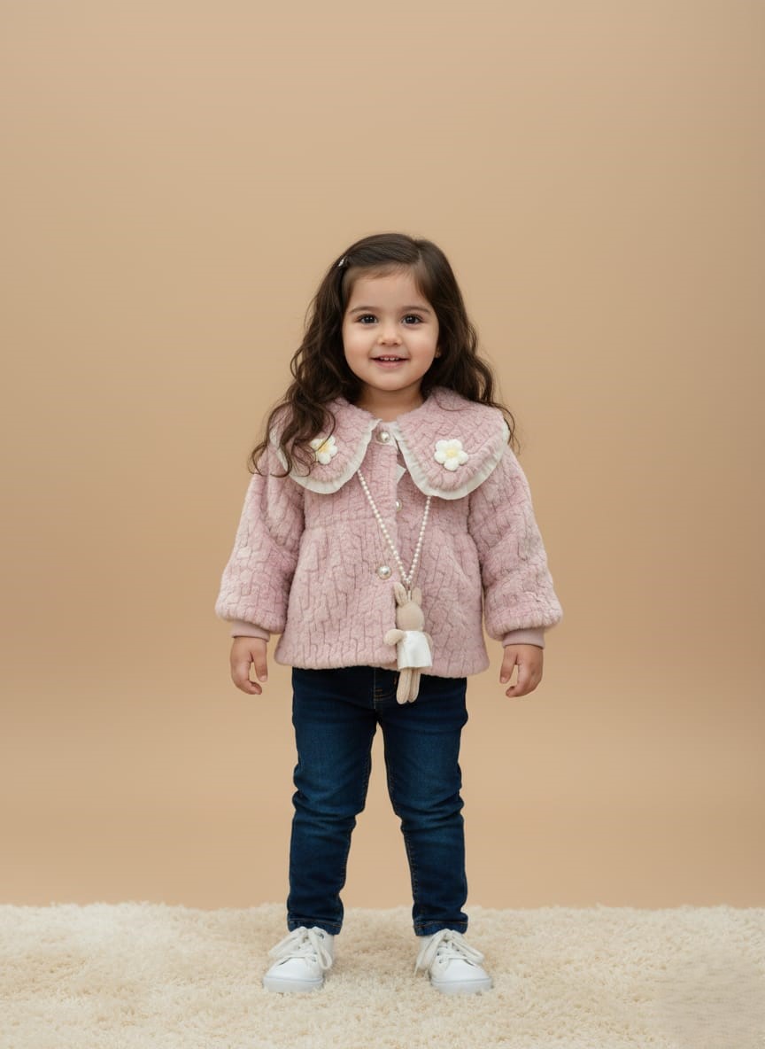 WhatsApp Image 2025-10-29 at 7.07.14 PM (1) Kids Pink Coat - Girls' Plush Jacket with Floral Collar & Bunny Charm - Image 1