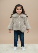 Kids Faux Fur Coat - Girls' Beige Elegant Fluffy Jacket with Purse
