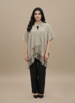 Women's Knit Poncho - Beige Textured Fringe Shawl Wrap