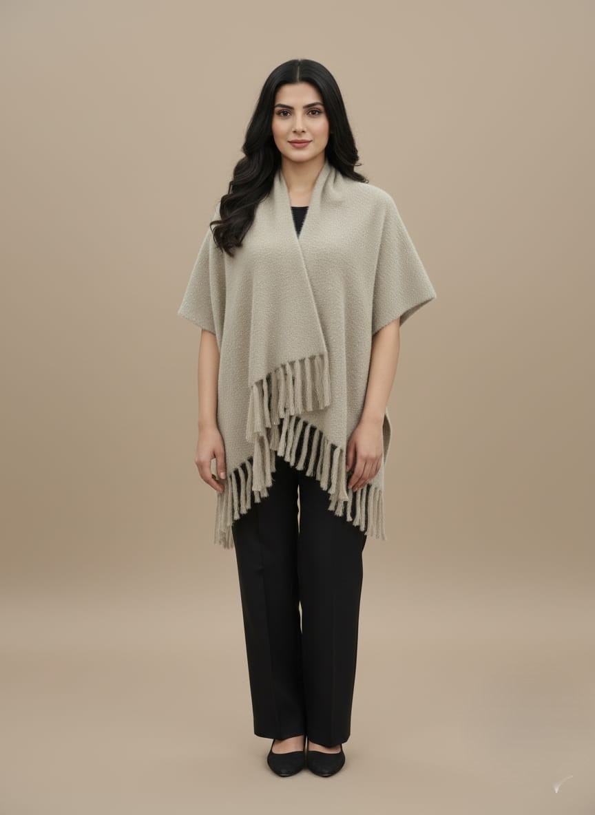 WhatsApp Image 2025-10-29 at 7.07.15 PM (1) Women's Knit Poncho - Beige Textured Fringe Shawl Wrap - Image 1