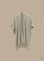 Women's Knit Poncho - Beige Textured Fringe Shawl Wrap - Image 2