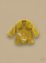 Kids Yellow Coat - Girls' Plush Faux Fur Jacket with Pouch & Butterfly - Image 2