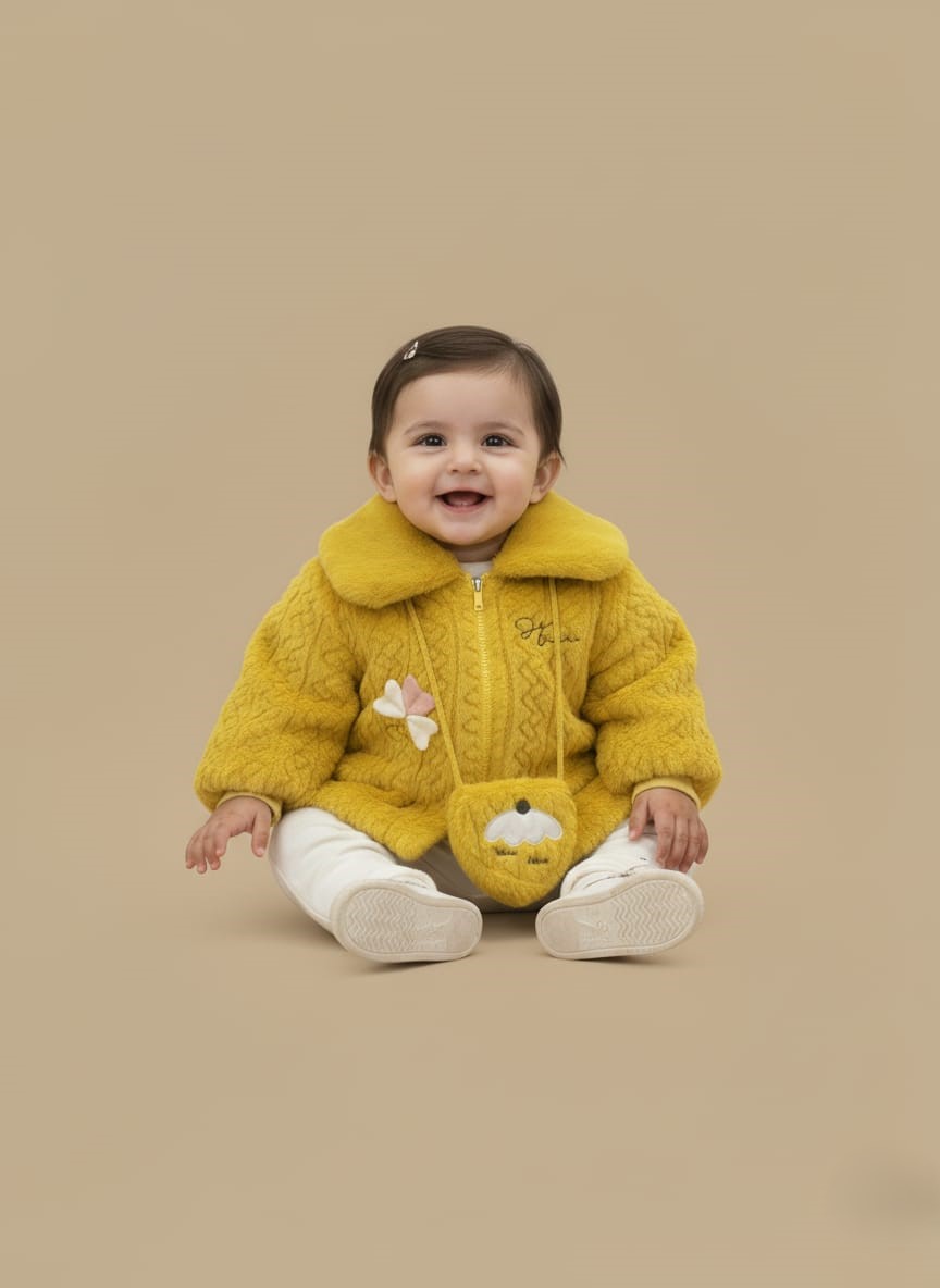 WhatsApp Image 2025-10-29 at 7.07.26 PM (2) Kids Yellow Coat - Girls' Plush Faux Fur Jacket with Pouch & Butterfly - Image 1