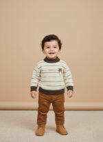 Kids Striped Sweater - Cream & Brown Knit Pullover with Animal Patch