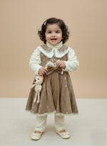 Girls Party Dress - Brown & Cream Vintage-Style Dress with Bear Charm