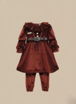 Girls  Frock Two-Piece Outfit - Rust Velvet Dress & Pants Set with Ruffles - Image 2