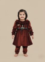 Girls  Frock Two-Piece Outfit - Rust Velvet Dress & Pants Set with Ruffles