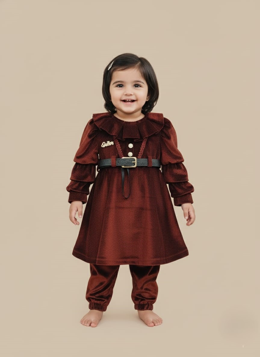 WhatsApp Image 2025-10-29 at 7.07.29 PM Girls Frock Two-Piece Outfit - Rust Velvet Dress & Pants Set with Ruffles - Image 1