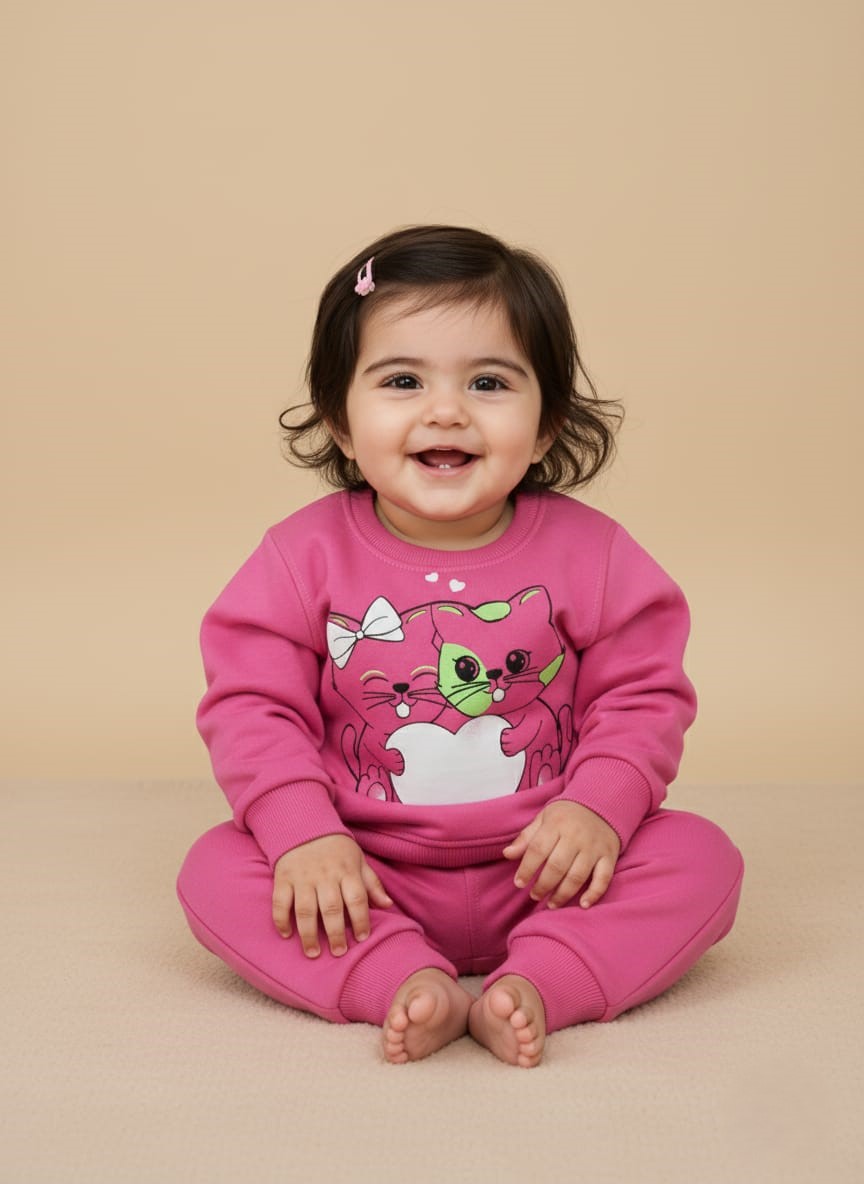 WhatsApp Image 2025-10-29 at 7.08.07 PM (1) Kids Pink Sweatshirt - Girls' Crew Neck Pullover with Cat Graphic - Image 1