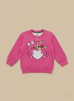Kids Pink Sweatshirt - Girls' Crew Neck Pullover with Cat Graphic - Image 2