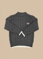Stylish Boys Knit Sweater - Charcoal Grey Mock Neck with Textured Design - Image 2