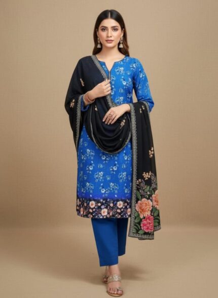 A woman wearing a royal blue suit set. The kurta has subtle floral prints and a colorful floral border at the hem. She is wearing matching blue trousers and a draped black shawl with large, colorful floral embroidery at the ends.