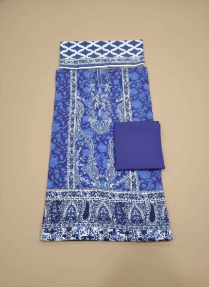 Maria B Style Blue Printed Lawn Suit fabric in unstitched 3-piece set with detailed blue and white paisley and floral patterns on the lawn shirt and a deep blue plain trouser.
