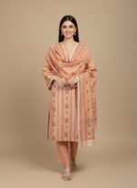 Maria B Peach Printed Lawn Suit unstitched 3-piece fabric with soft peach color, vertical white and green floral prints, and a coordinating plain cambric trouser piece.