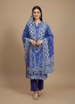 Maria B Style Blue Printed Lawn Suit fabric in unstitched 3-piece set with detailed blue and white paisley and floral patterns on the lawn shirt and a deep blue plain trouser.